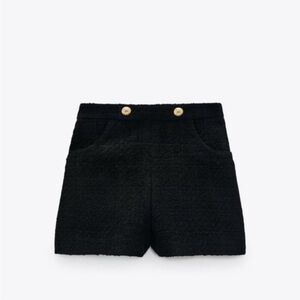 Black ZARA High-Waist Textured Weave Shorts w/ Button Trim